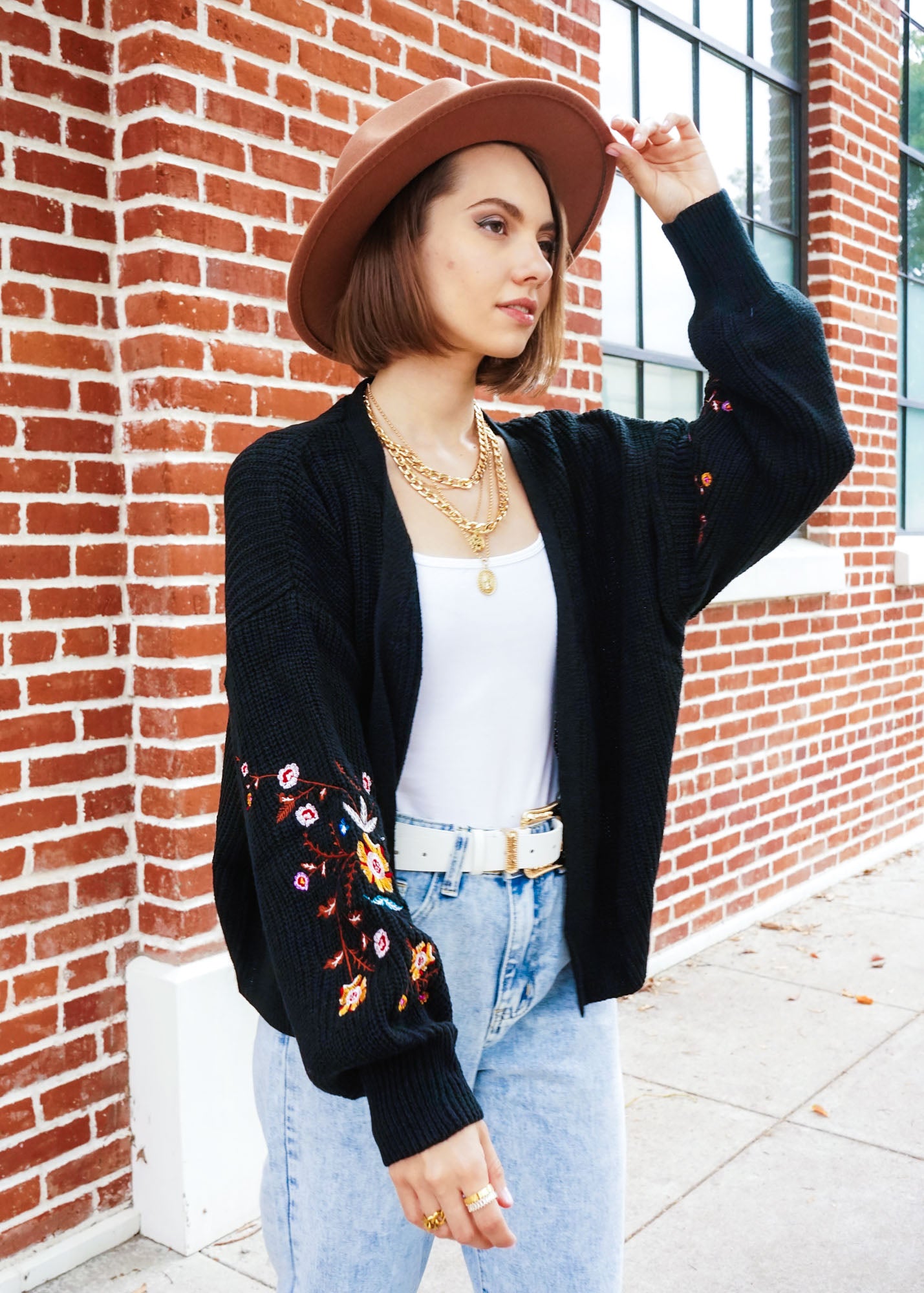 Floral Embroidery Bishop Sleeve Open Front Cardigan