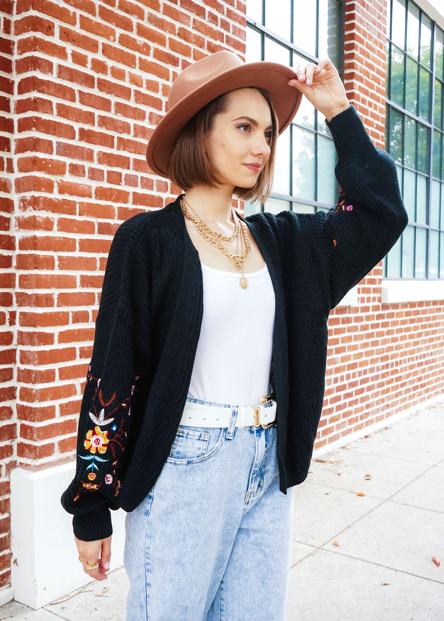 Floral Embroidery Bishop Sleeve Open Front Cardigan