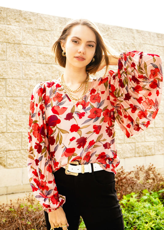 Rose Red Floral Print Lantern Sleeve Blouse