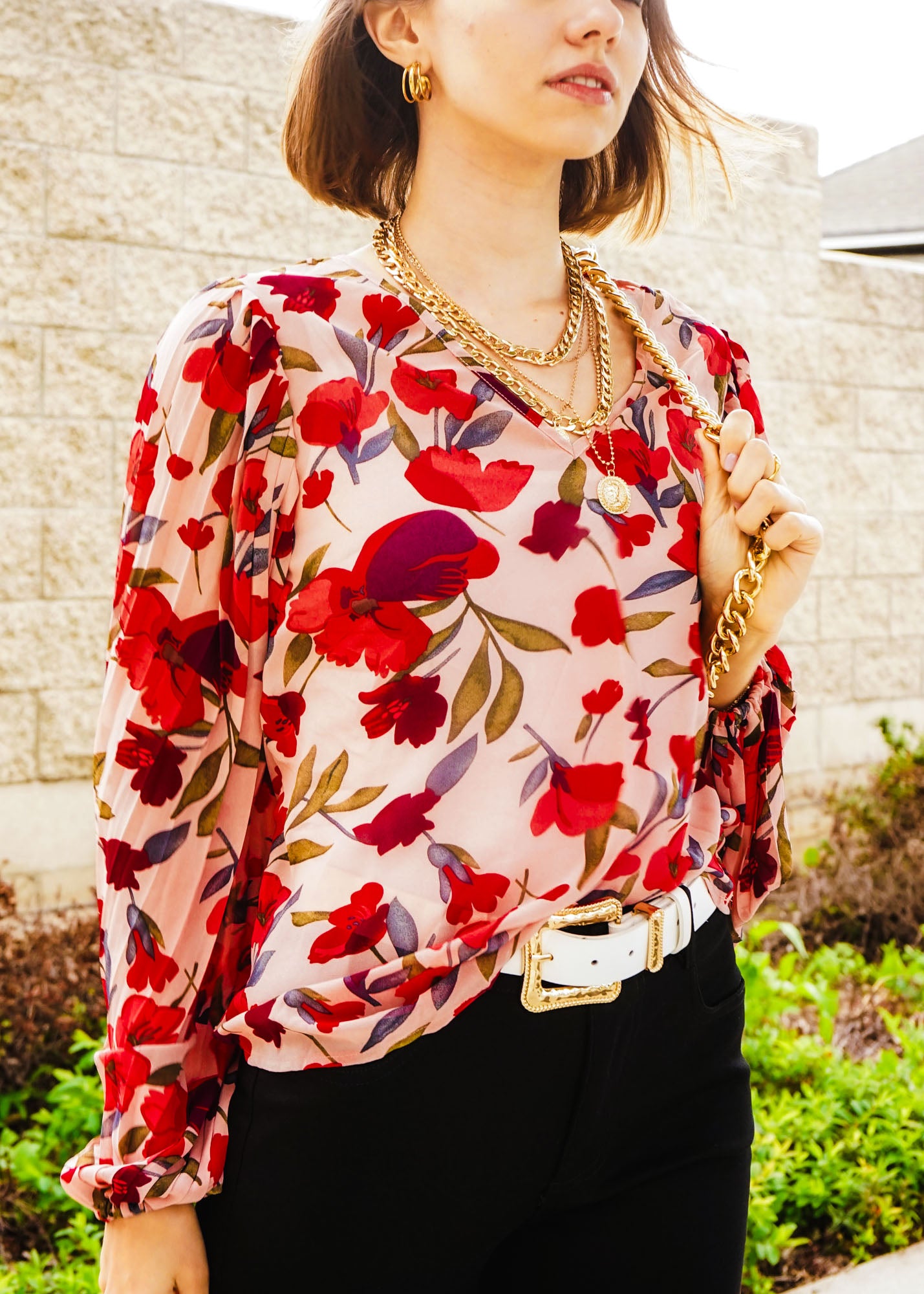 Rose Red Floral Print Lantern Sleeve Blouse