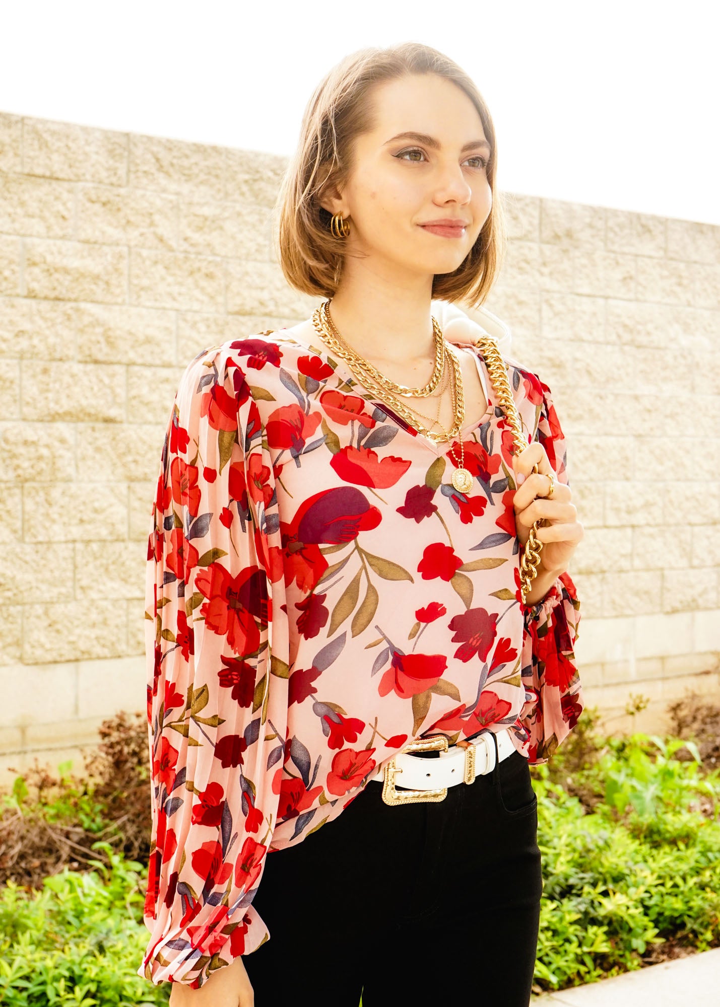 Rose Red Floral Print Lantern Sleeve Blouse