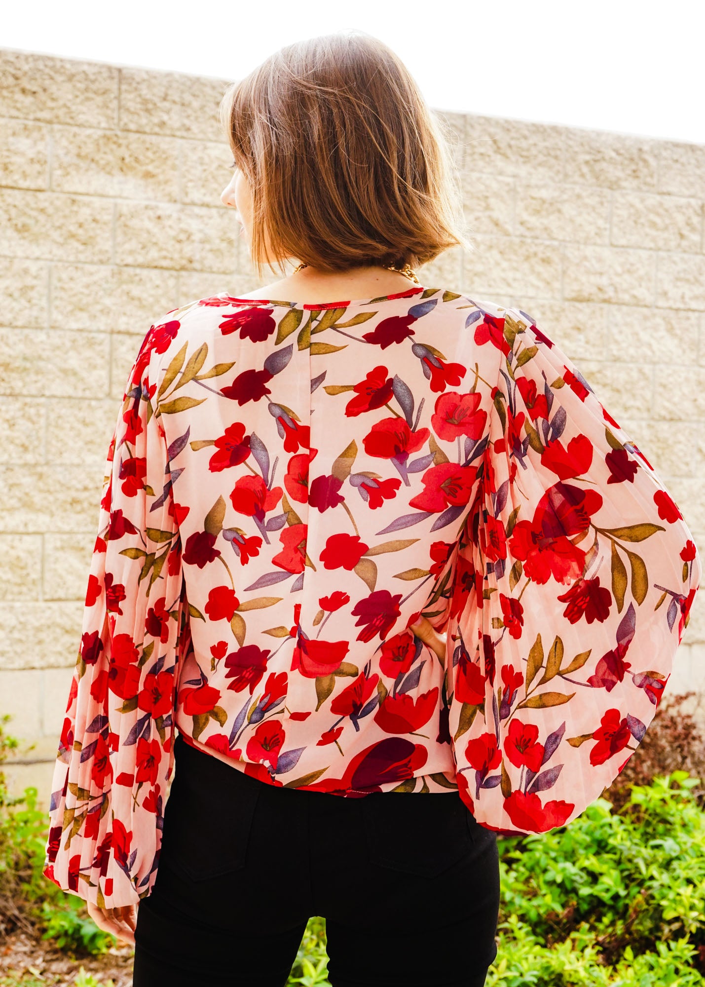 Rose Red Floral Print Lantern Sleeve Blouse