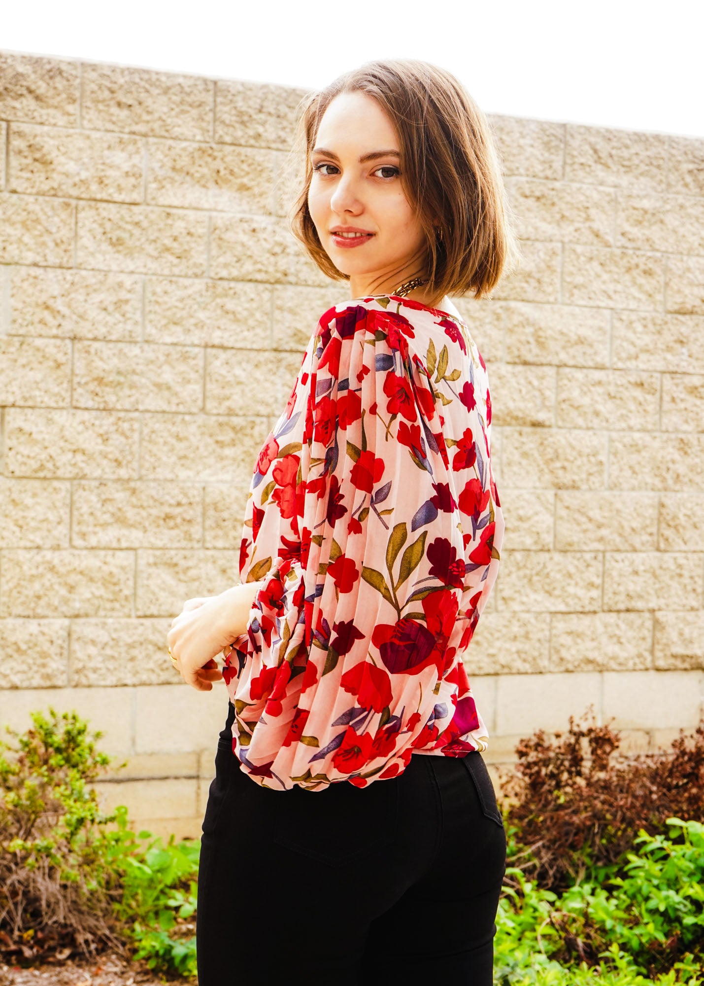 Rose Red Floral Print Lantern Sleeve Blouse