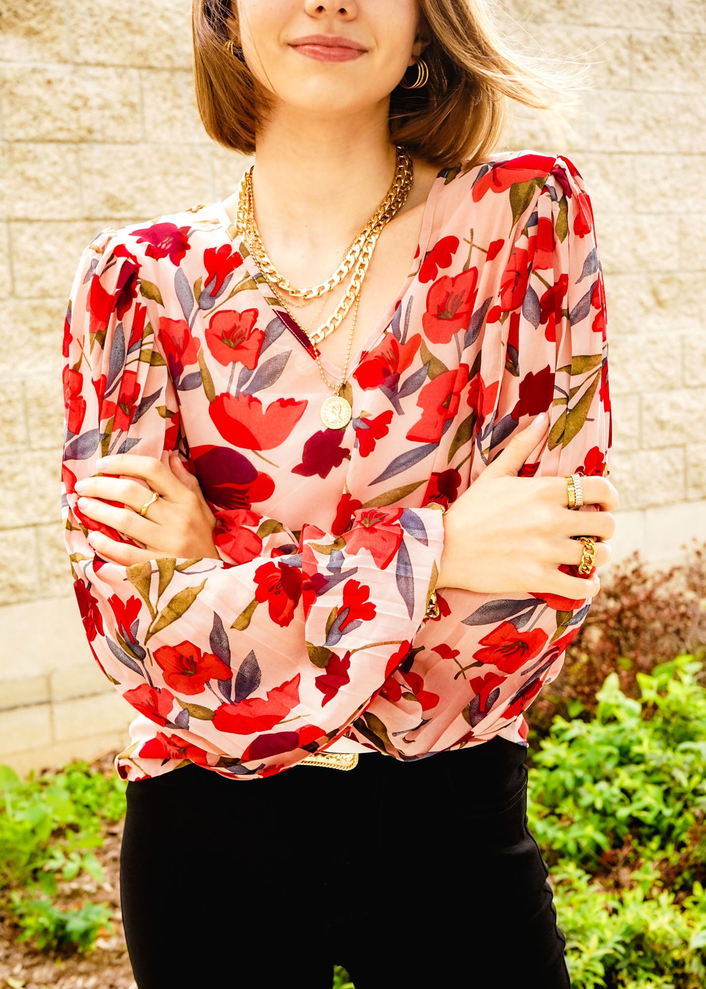 Rose Red Floral Print Lantern Sleeve Blouse