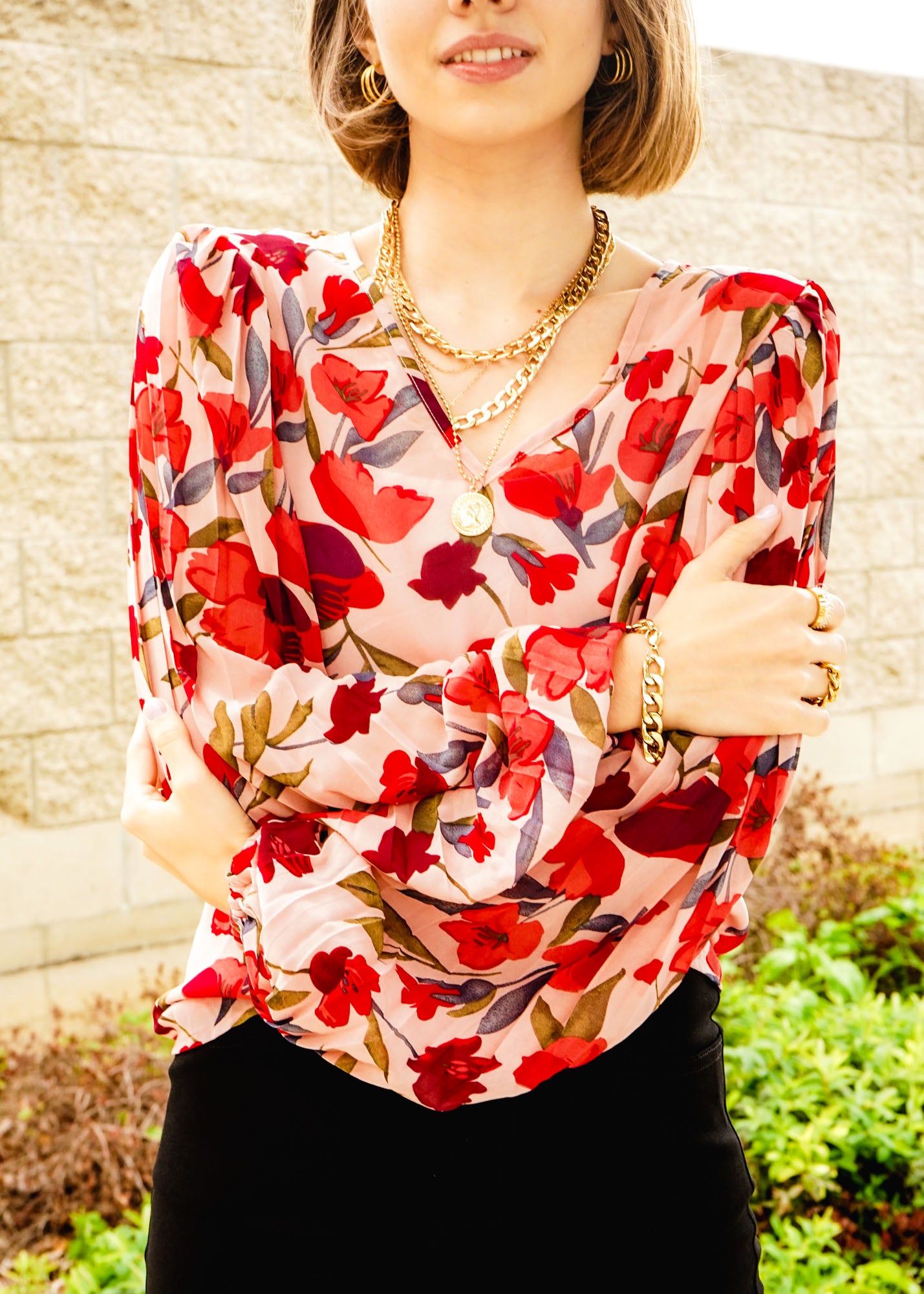 Rose Red Floral Print Lantern Sleeve Blouse