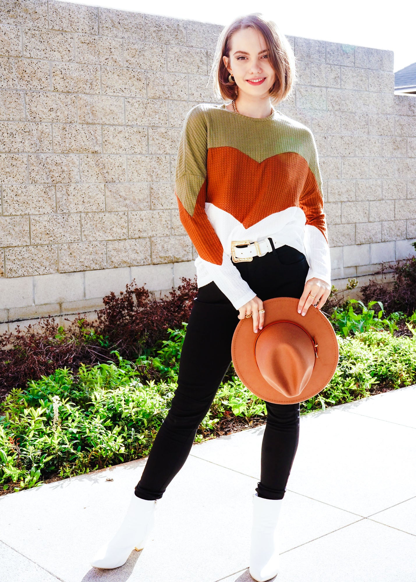 Colorblock Chevron Drop Shoulder Waffle Knit Pullover Tee