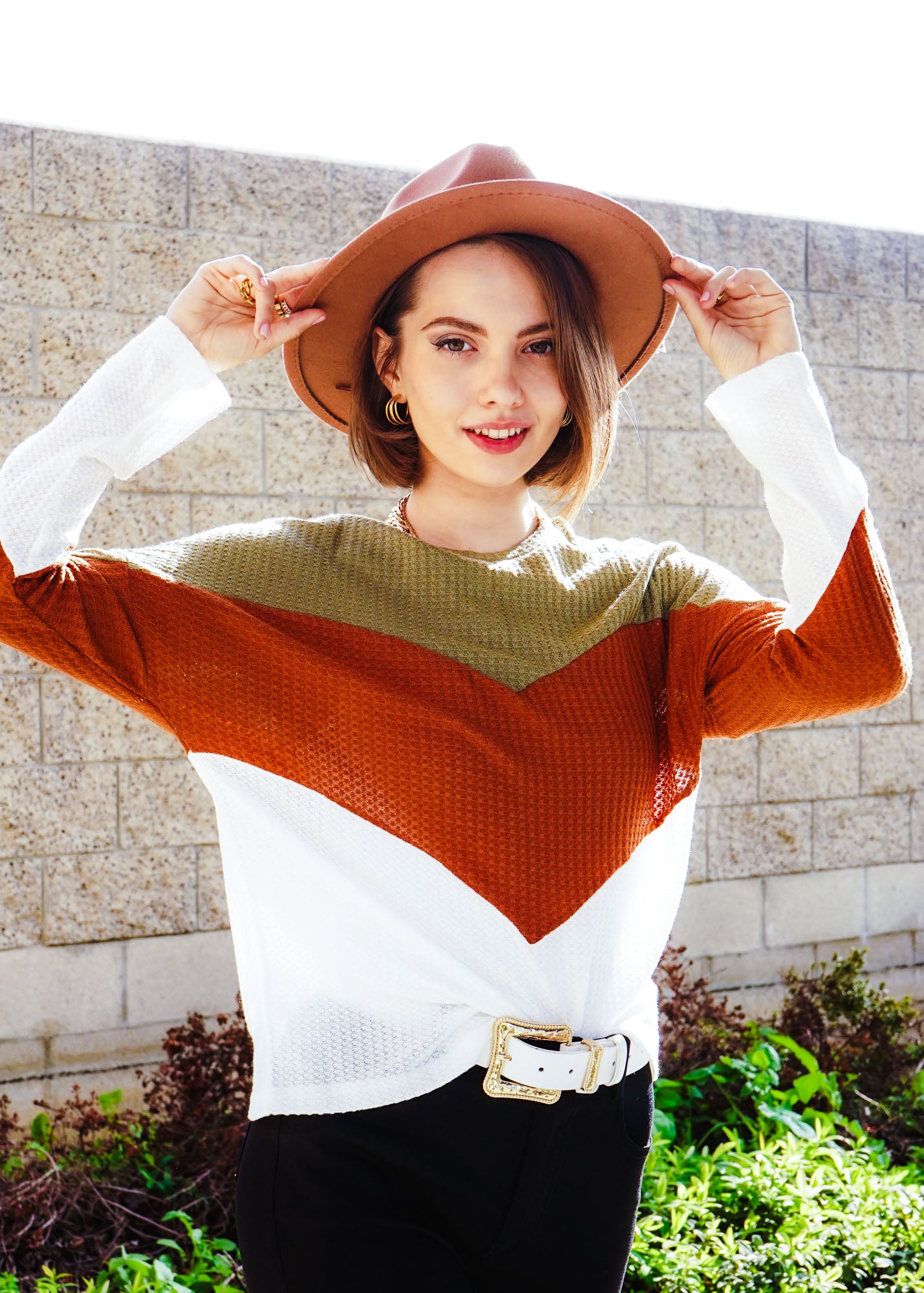 Colorblock Chevron Drop Shoulder Waffle Knit Pullover Tee