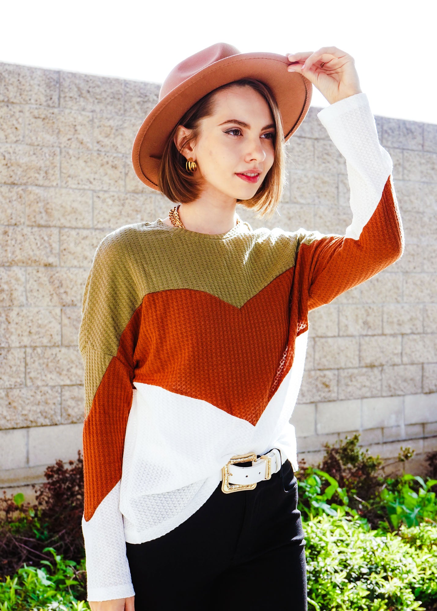 Colorblock Chevron Drop Shoulder Waffle Knit Pullover Tee