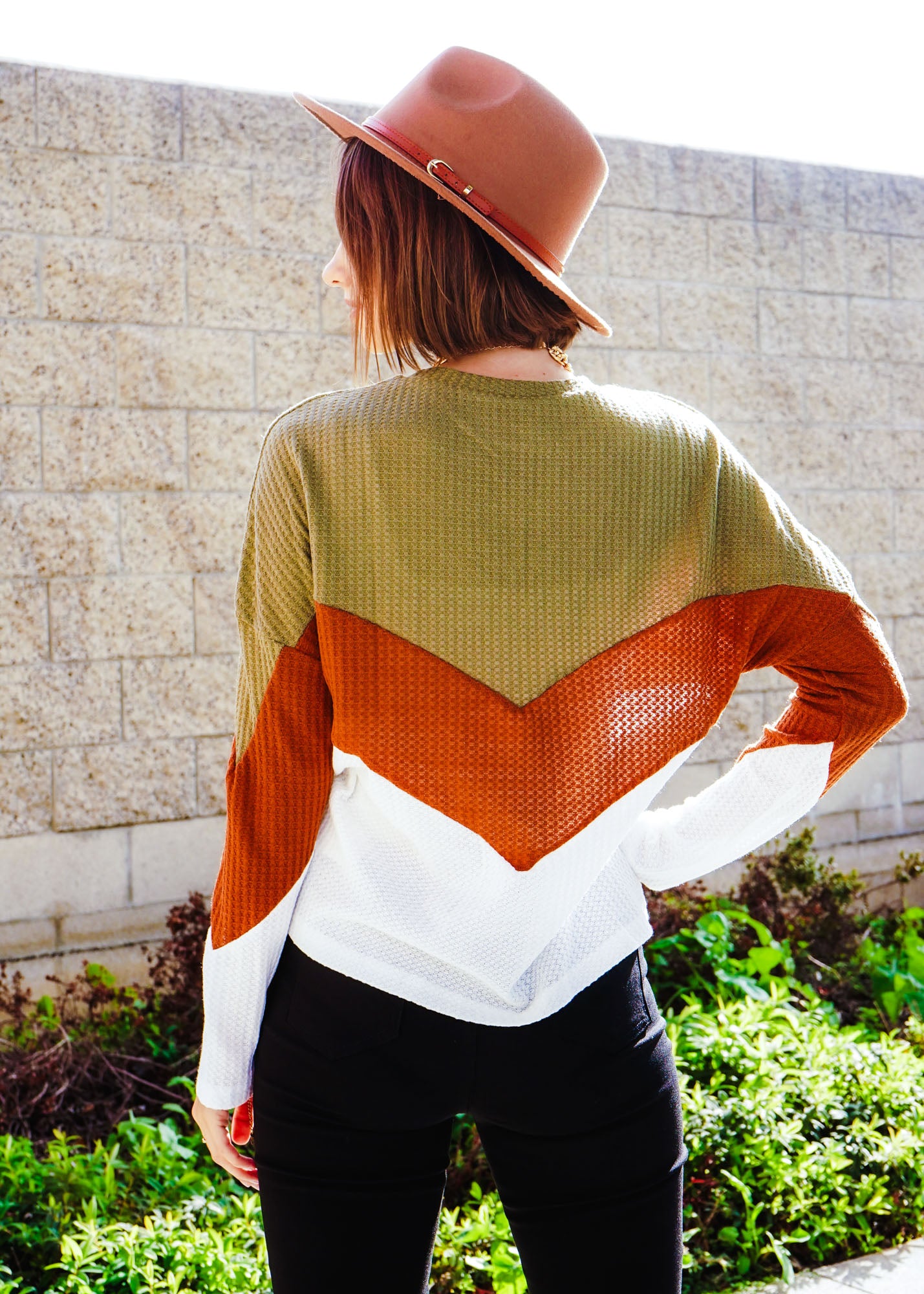 Colorblock Chevron Drop Shoulder Waffle Knit Pullover Tee