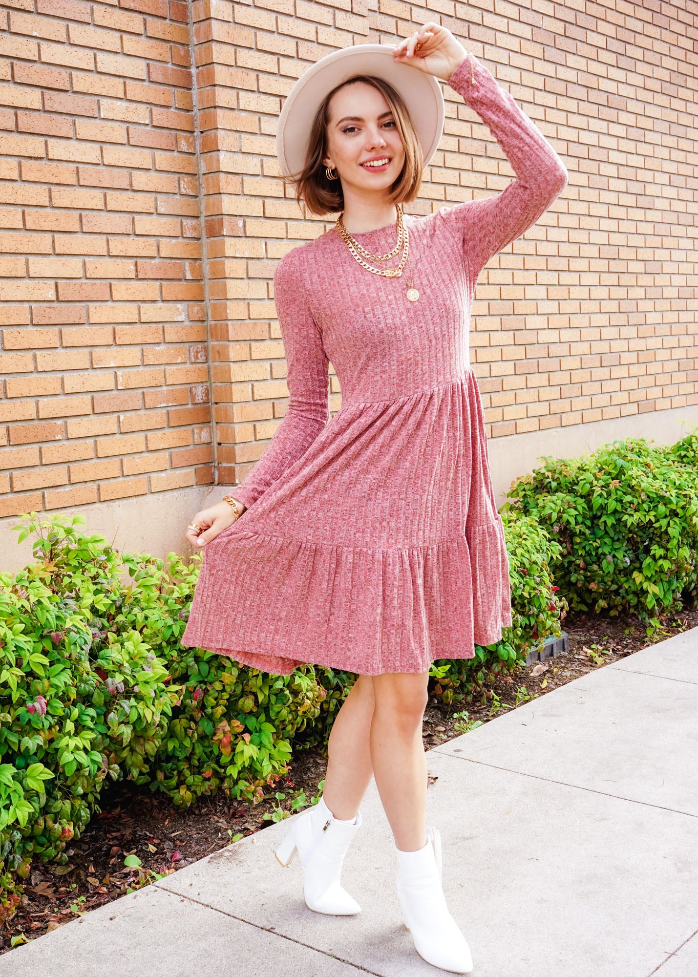 Ruffle Hem Solid A-line Rib Knit Dress