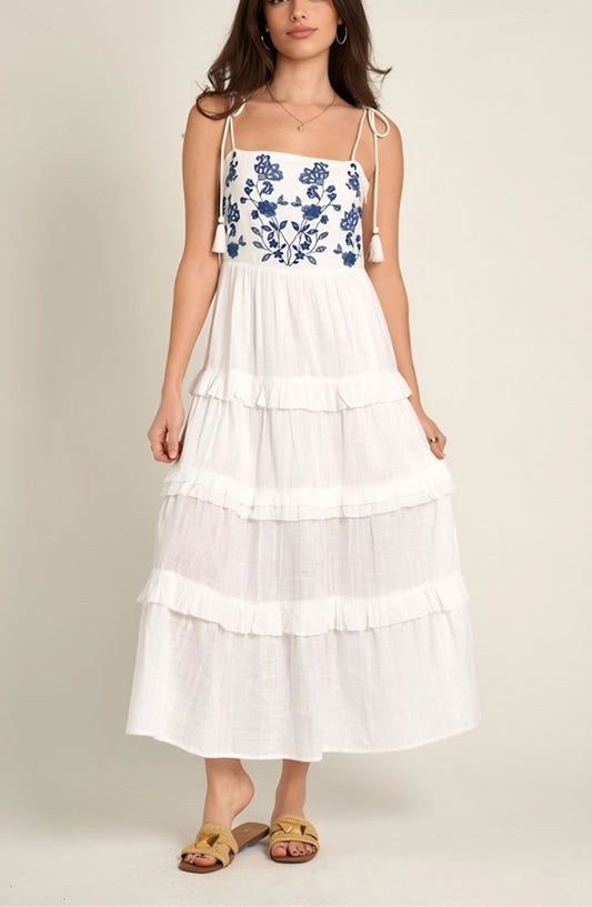 Tiered Maxi Dress with Embroidered Bodice Tie Straps and Ruffle Hem Detail