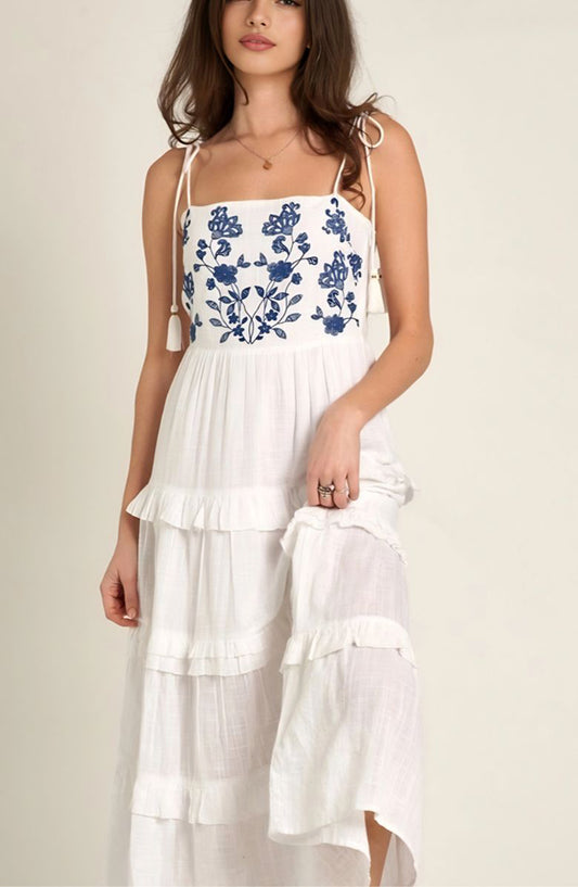 Tiered Maxi Dress with Embroidered Bodice Tie Straps and Ruffle Hem Detail