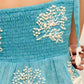 Boho Embroidered Smocked Peplum Tank Top with Tassel Hem and Tie Straps