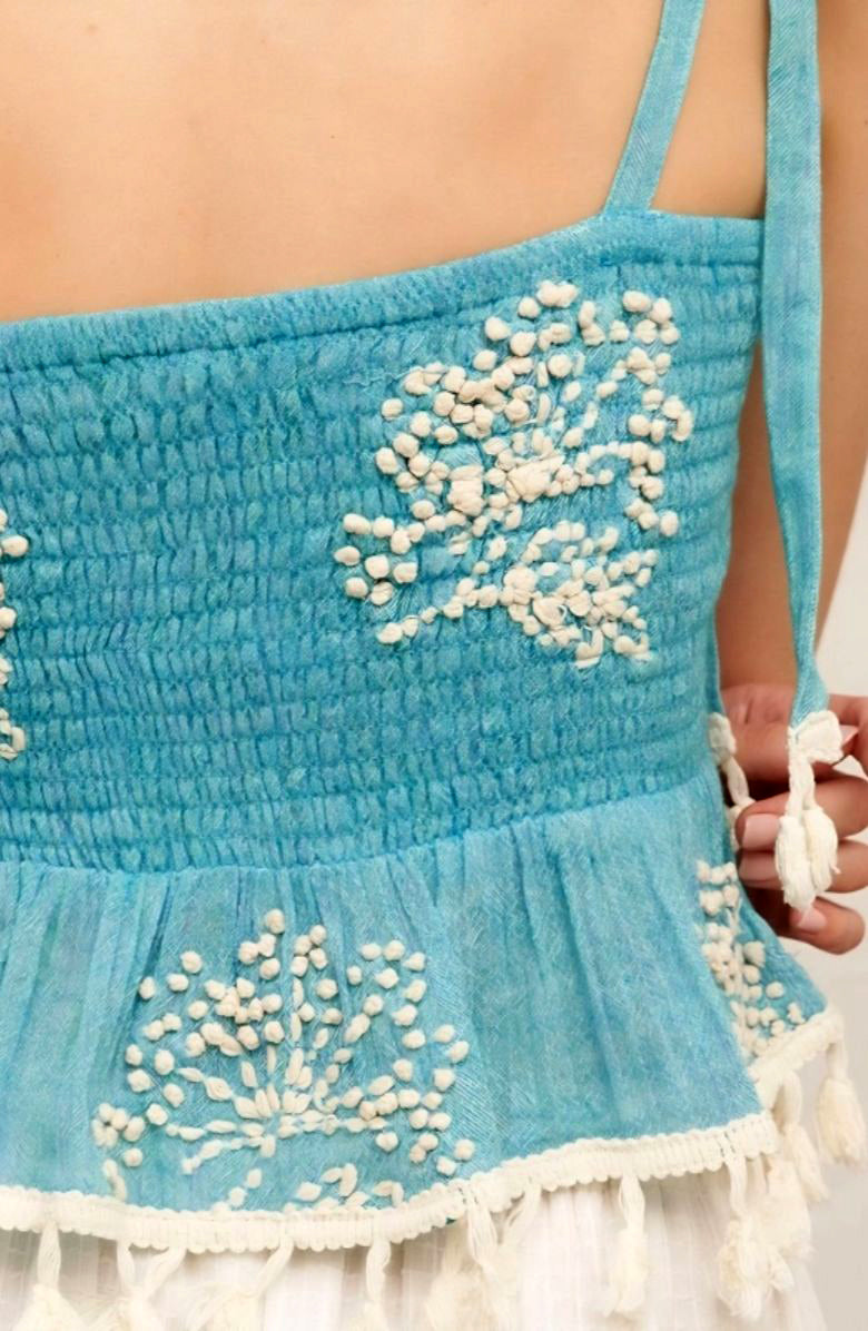 Boho Embroidered Smocked Peplum Tank Top with Tassel Hem and Tie Straps