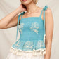 Boho Embroidered Smocked Peplum Tank Top with Tassel Hem and Tie Straps