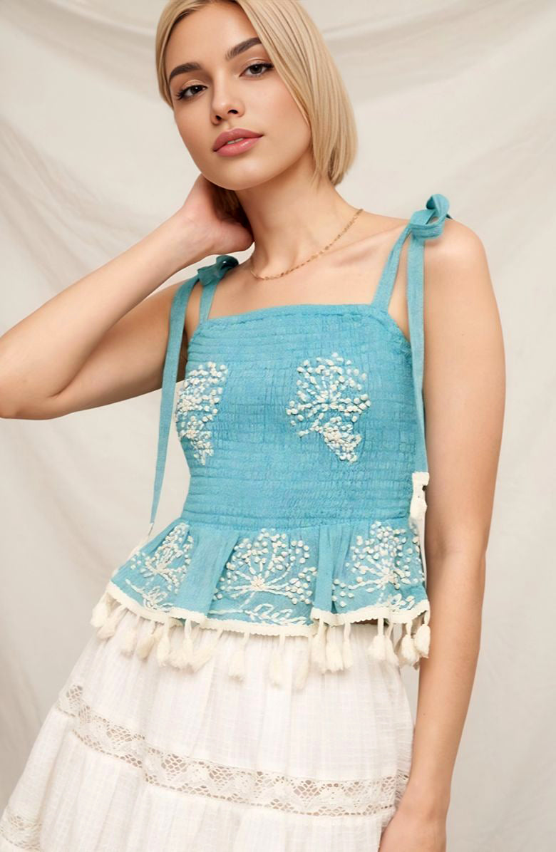 Boho Embroidered Smocked Peplum Tank Top with Tassel Hem and Tie Straps