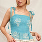 Boho Embroidered Smocked Peplum Tank Top with Tassel Hem and Tie Straps