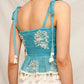 Boho Embroidered Smocked Peplum Tank Top with Tassel Hem and Tie Straps