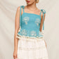 Boho Embroidered Smocked Peplum Tank Top with Tassel Hem and Tie Straps