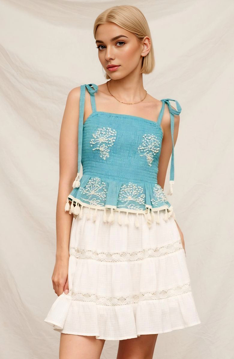 Boho Embroidered Smocked Peplum Tank Top with Tassel Hem and Tie Straps