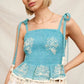 Boho Embroidered Smocked Peplum Tank Top with Tassel Hem and Tie Straps