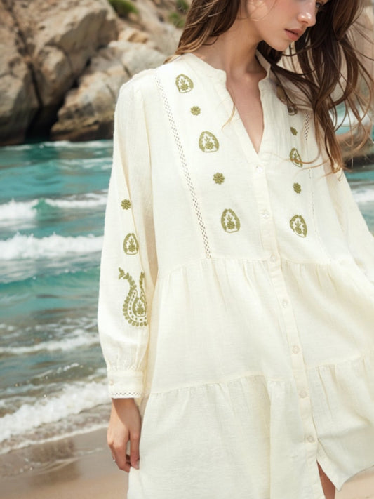 Notched V-Neck Embroidered Tunic Textured Ruffle Dress