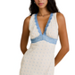 Sleeveless Midi Dress with Blue Lace Trim and Delicate Print
