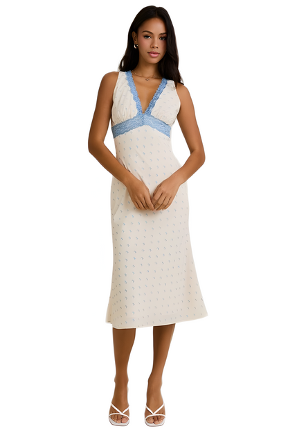 Sleeveless Midi Dress with Blue Lace Trim and Delicate Print