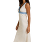 Sleeveless Midi Dress with Blue Lace Trim and Delicate Print
