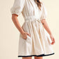 Puff Sleeve Mini Dress with Front Keyhole Drawstring Waist Contrast Trim and Structured Fit