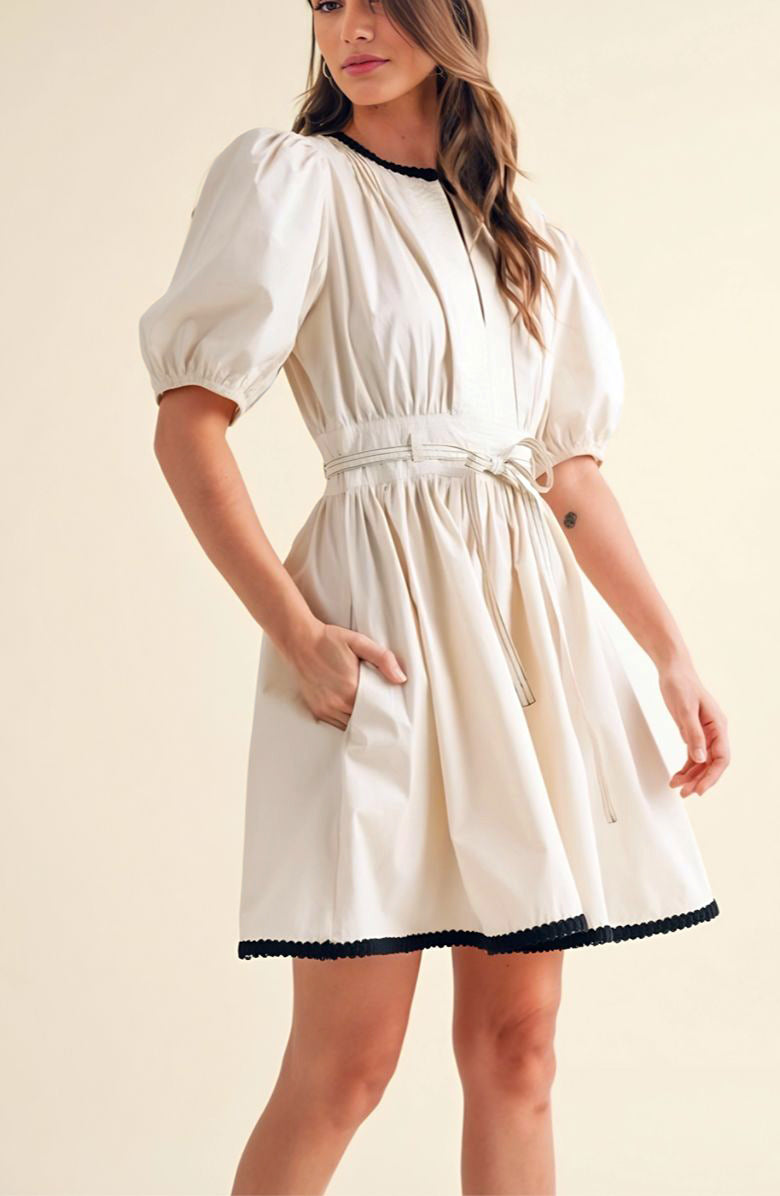 Puff Sleeve Mini Dress with Front Keyhole Drawstring Waist Contrast Trim and Structured Fit