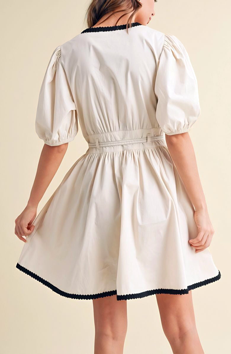 Puff Sleeve Mini Dress with Front Keyhole Drawstring Waist Contrast Trim and Structured Fit