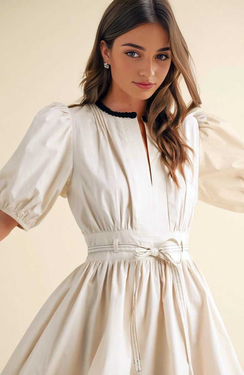Puff Sleeve Mini Dress with Front Keyhole Drawstring Waist Contrast Trim and Structured Fit