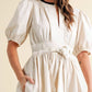 Puff Sleeve Mini Dress with Front Keyhole Drawstring Waist Contrast Trim and Structured Fit