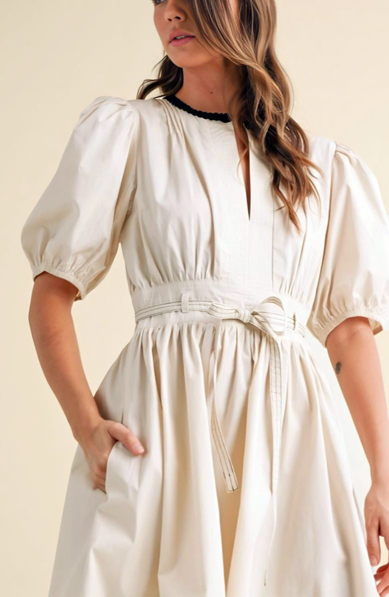 Puff Sleeve Mini Dress with Front Keyhole Drawstring Waist Contrast Trim and Structured Fit