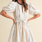 Puff Sleeve Mini Dress with Front Keyhole Drawstring Waist Contrast Trim and Structured Fit