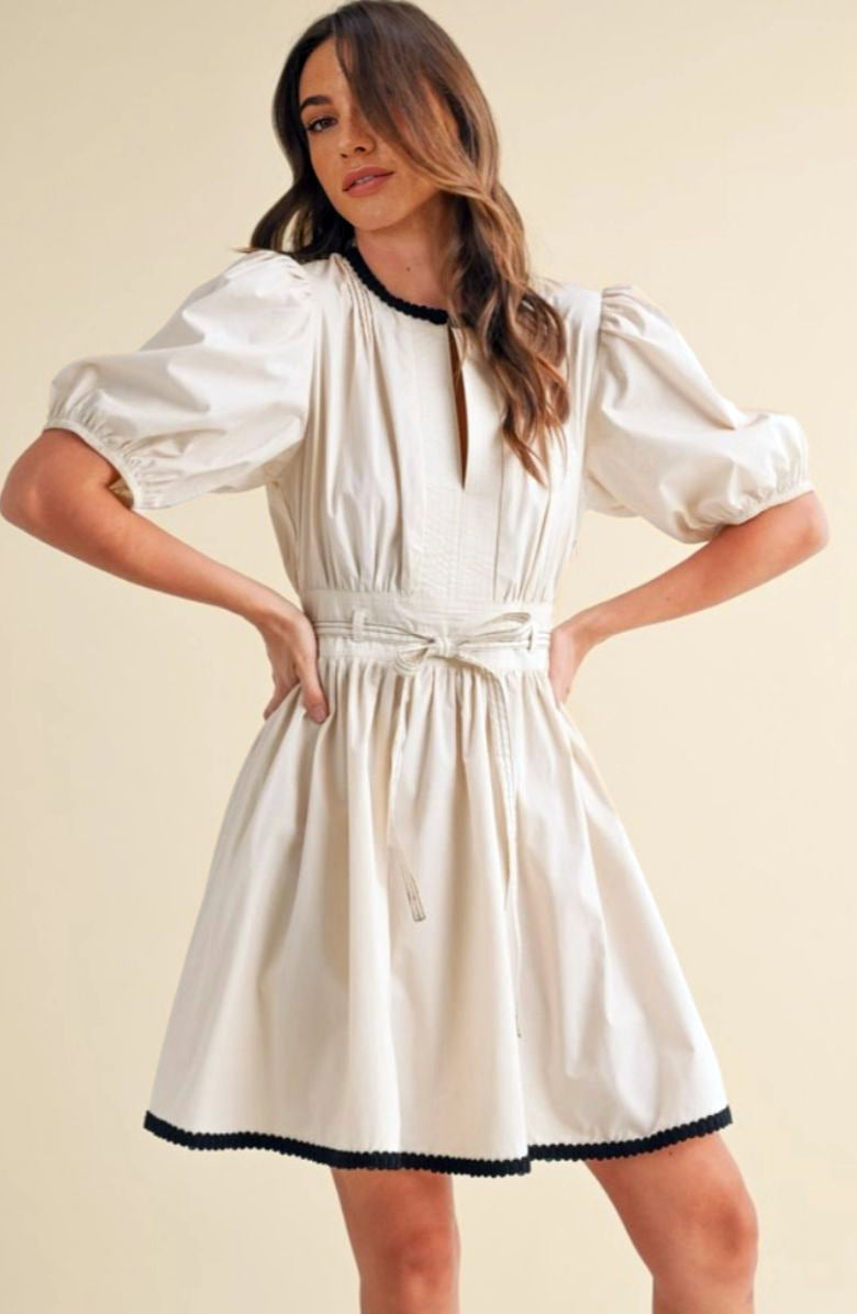 Puff Sleeve Mini Dress with Front Keyhole Drawstring Waist Contrast Trim and Structured Fit