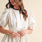 Puff Sleeve Mini Dress with Front Keyhole Drawstring Waist Contrast Trim and Structured Fit