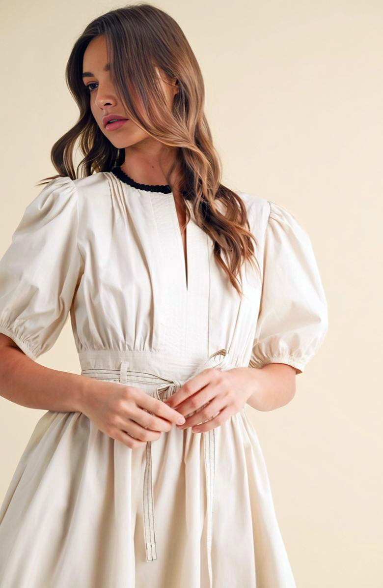 Puff Sleeve Mini Dress with Front Keyhole Drawstring Waist Contrast Trim and Structured Fit