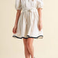 Puff Sleeve Mini Dress with Front Keyhole Drawstring Waist Contrast Trim and Structured Fit