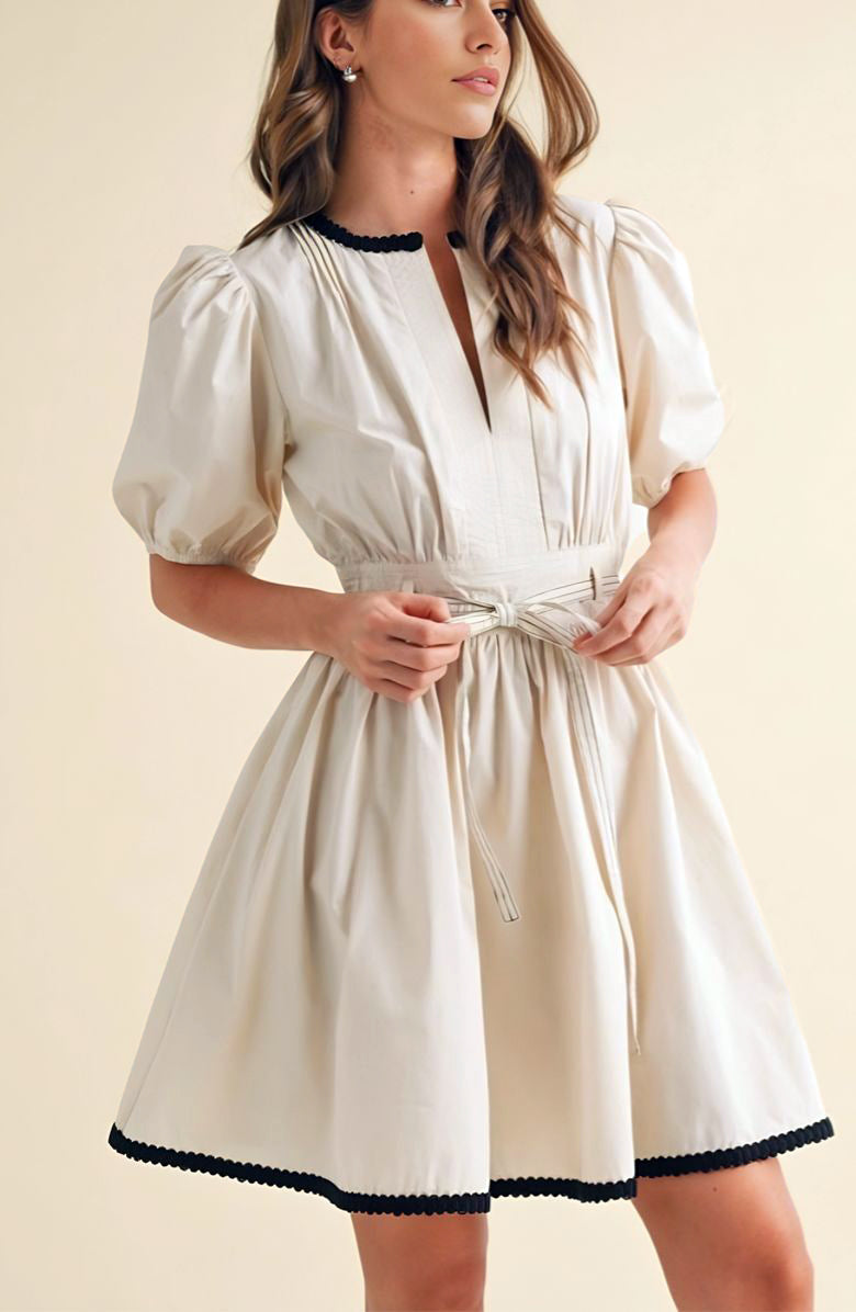 Puff Sleeve Mini Dress with Front Keyhole Drawstring Waist Contrast Trim and Structured Fit