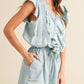 Sleeveless Button-Front Romper with Ruffle Trim Detail Elastic Waist and Large Patch Pockets