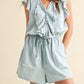 Sleeveless Button-Front Romper with Ruffle Trim Detail Elastic Waist and Large Patch Pockets
