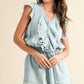 Sleeveless Button-Front Romper with Ruffle Trim Detail Elastic Waist and Large Patch Pockets