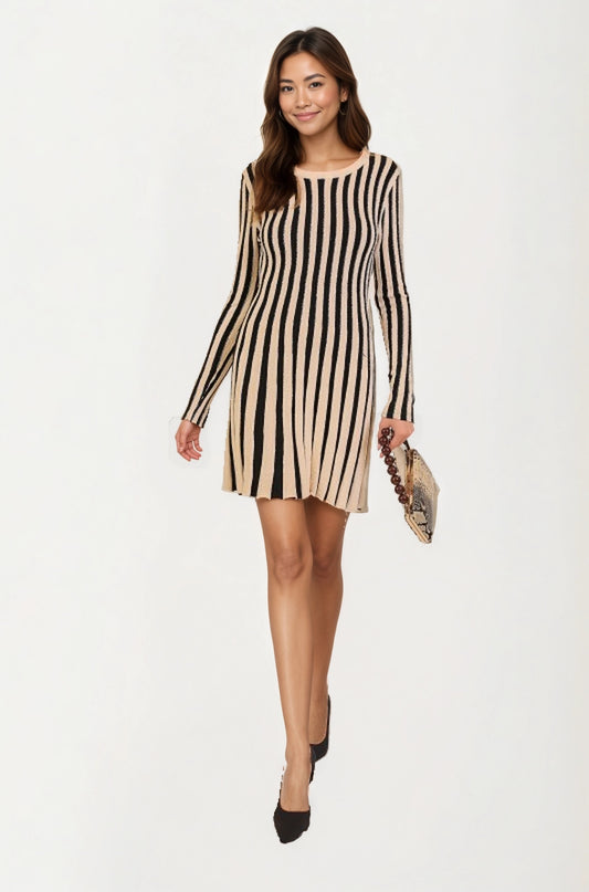 Striped Long Sleeve Knit Mini Dress with Flattering Fit
