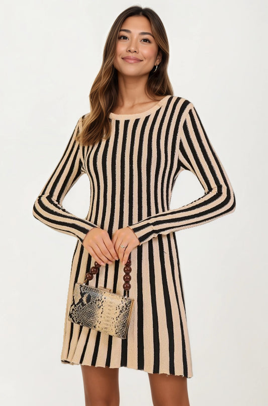 Striped Long Sleeve Knit Mini Dress with Flattering Fit