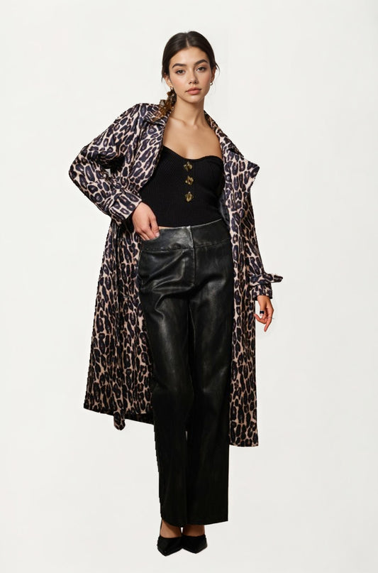Leopard Print Belted Longline Coat