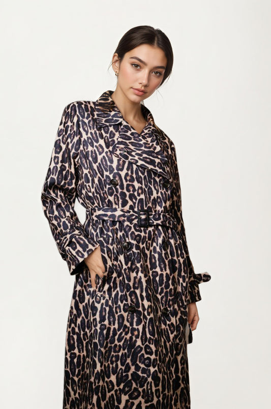 Leopard Print Belted Longline Coat