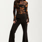 Sheer Black Mesh Top with Burnt Orange Floral Print