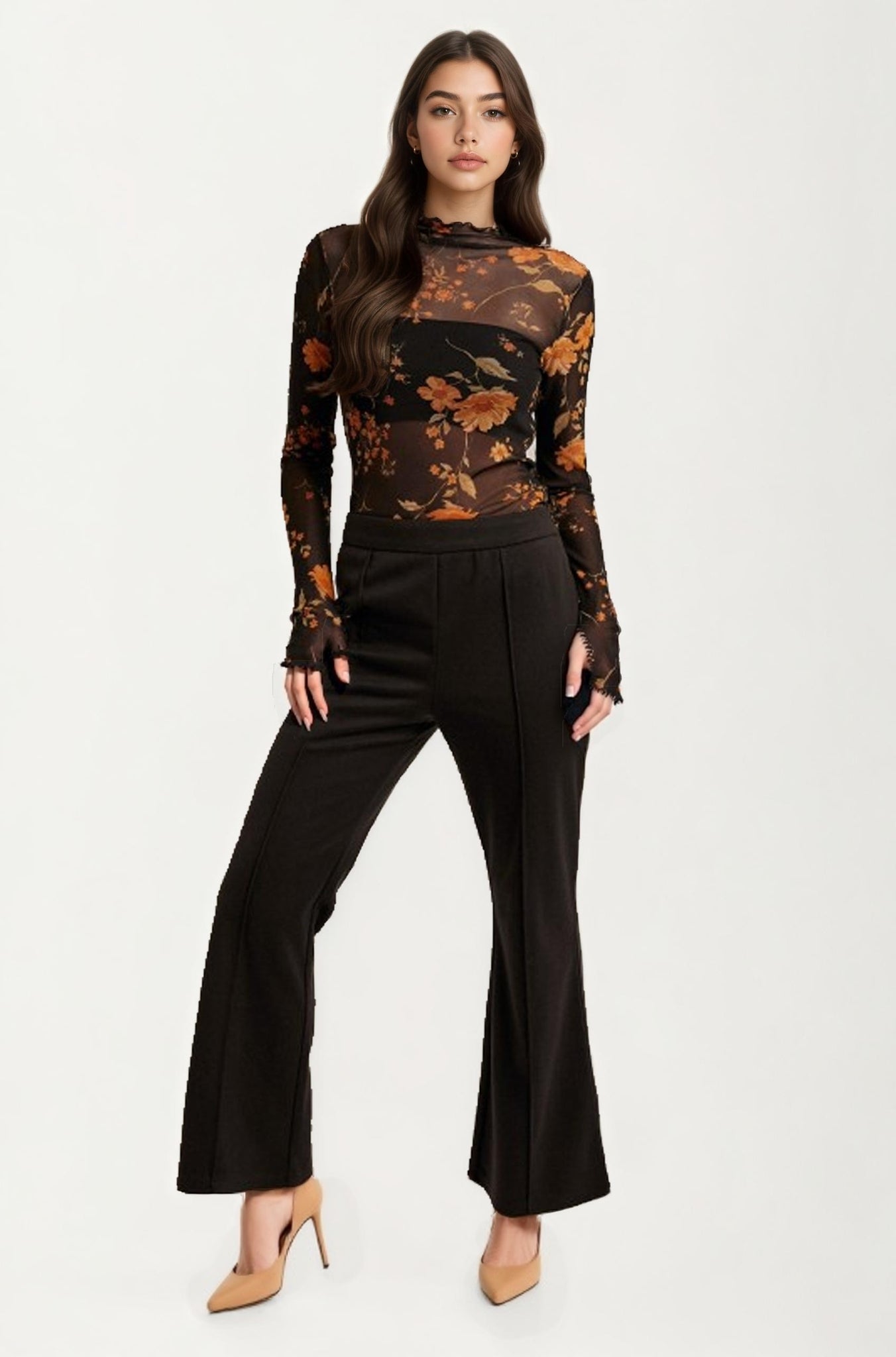 Sheer Black Mesh Top with Burnt Orange Floral Print